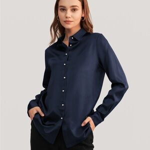 LILYSILK Classic Pearl Buttons Navy Silk Shirt